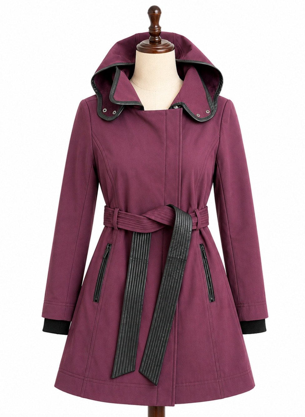 NEW BADGLEY MISCHKA BURGUNDY BLACK THERMOTECH BELTED COAT SIZE SMALL 66955